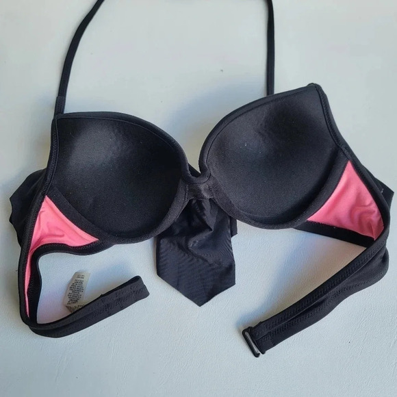PINK by Victoria Secret Bikini Swim Top Black Studded Padded Draped Top Size XS - Picture 9 of 10